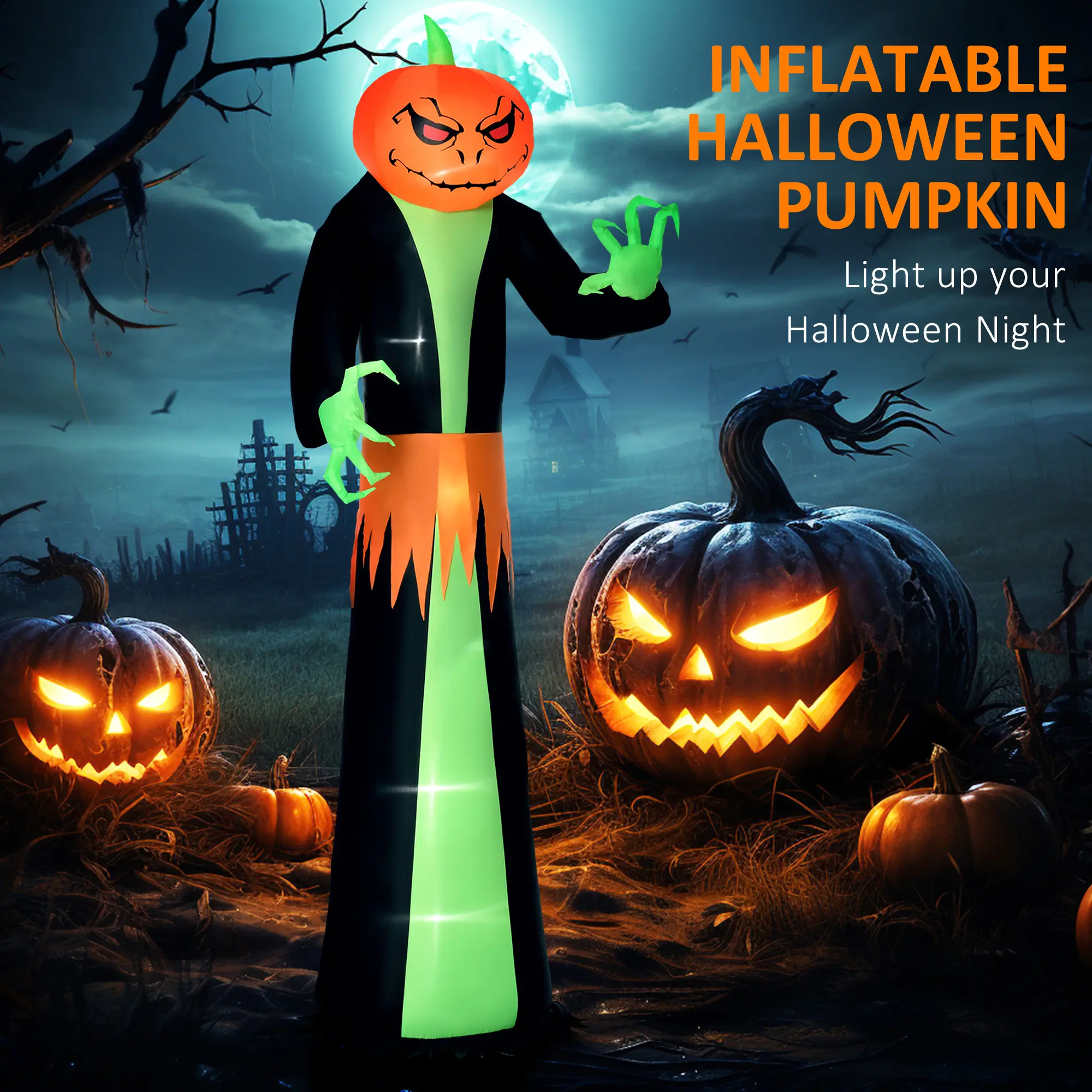 HOMCOM Halloween Inflatables Outdoor Decorations Pumpkin Head Ghost, Blow Up LED Yard Decor for Garden, Lawn, Party, Holiday, Waterproof