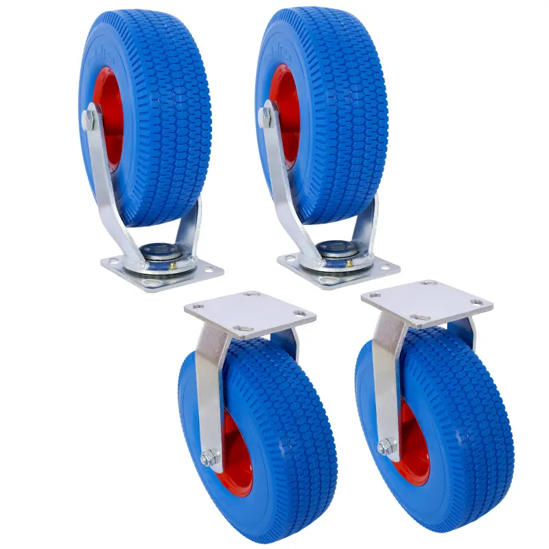 4PCS Industrial Heavy Duty Furniture Moving Wheels, 10In Flat-Free Casters (2 Swivel + 2 Rigid), Swivel Plate, Steel Hub with Ball Bearings, 5/8-Inch Centered Bore Axle - Blue