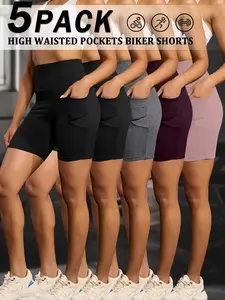 5 Pack Women's High Waisted Biker Shorts with Pockets - Tummy Control No See-Through Workout Gym Shorts, 6" Inseam (5" Length), Super Soft High-Elasticity Athletic Pants for Running, Yoga, Summer Training - Solid Color, Machine