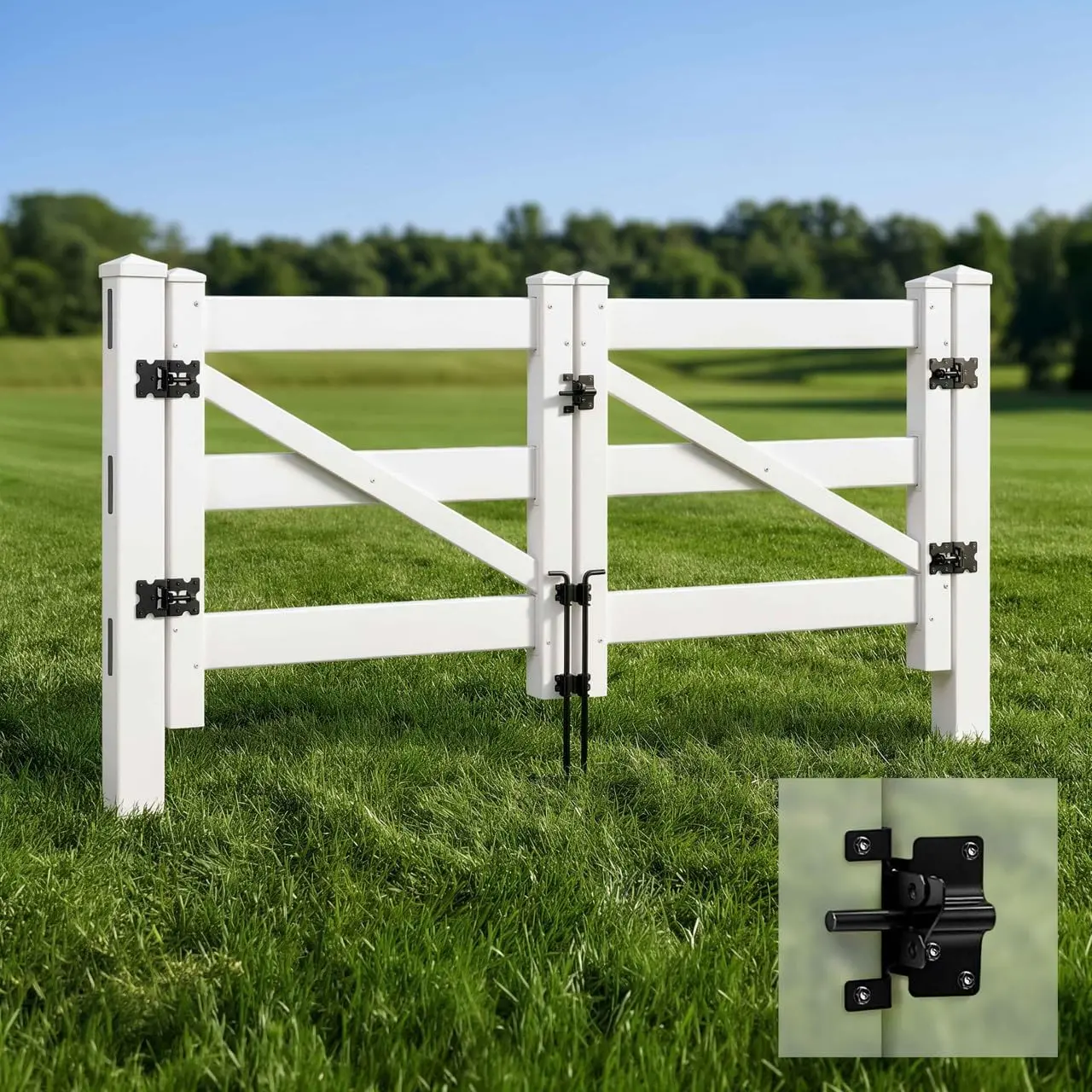 Fencer Wire Vinyl Ranch Double Gate Kit with Gate Posts & Fence Drop Rods, White PVC Fence Gate System, Includes Two Gates, UV-Resistant, Easy Installation, Durable for Ranch, Yard & Farm