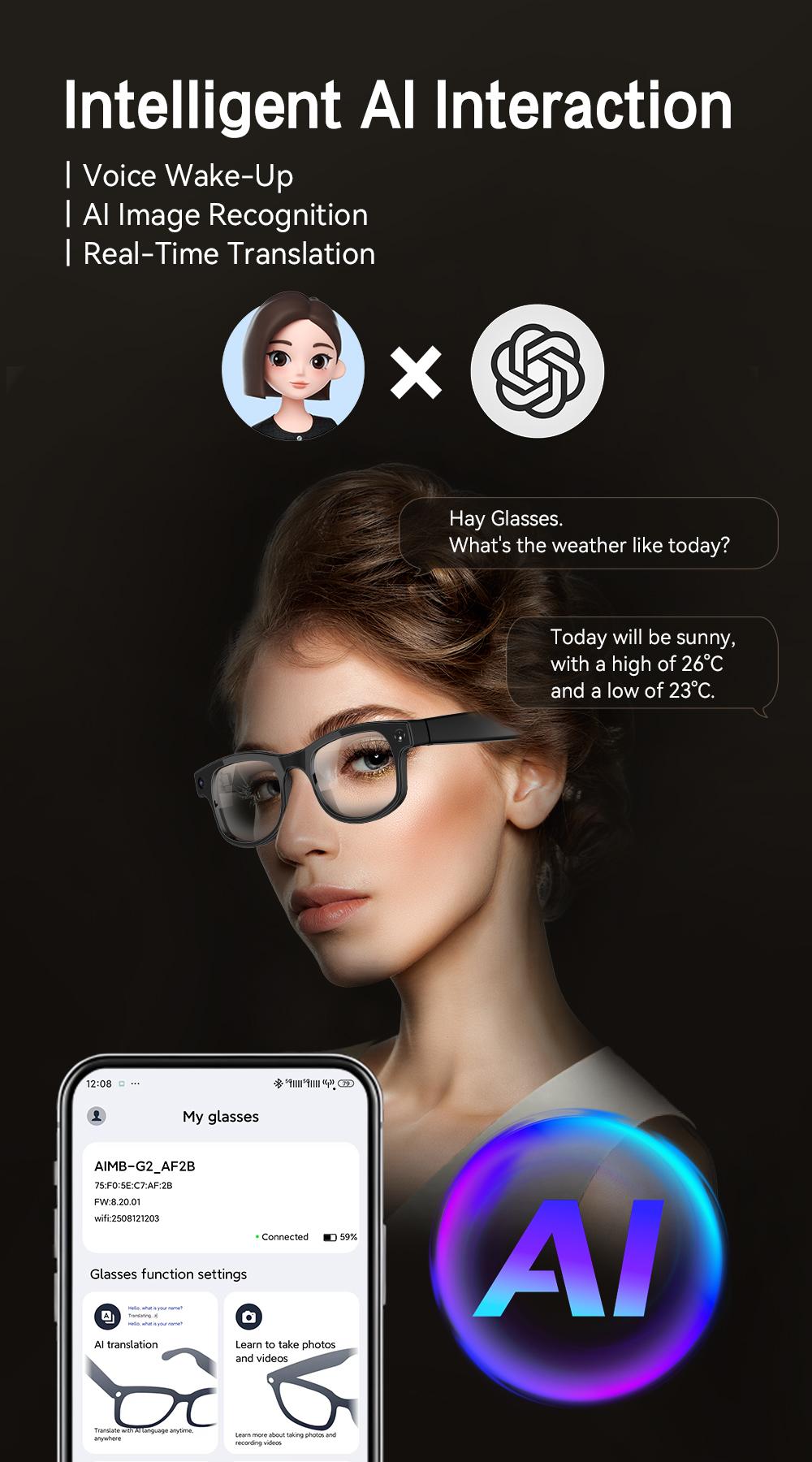 SMART AI CAMERA GLASSES UltraHD 800MP HD 32G Memory Wireless Call Photo Video Smart AI Wi Fi 300mAh Battery Wearable Best Selling