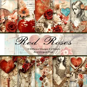 30pcs Romantic Rose Heart Valentine's Day Scrapbook Paper - Love Theme Craft Paper for DIY Crafts, Origami, Card Making, Card Design, Journaling and Photo Album Decor, Scrapbooking Supplies