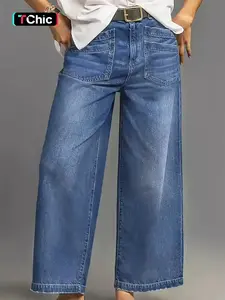 Women's Casual Mid-Waist Denim Nine-Quarter Pants with Pockets, Comfortable and Stylish Jeans for Everyday Wear