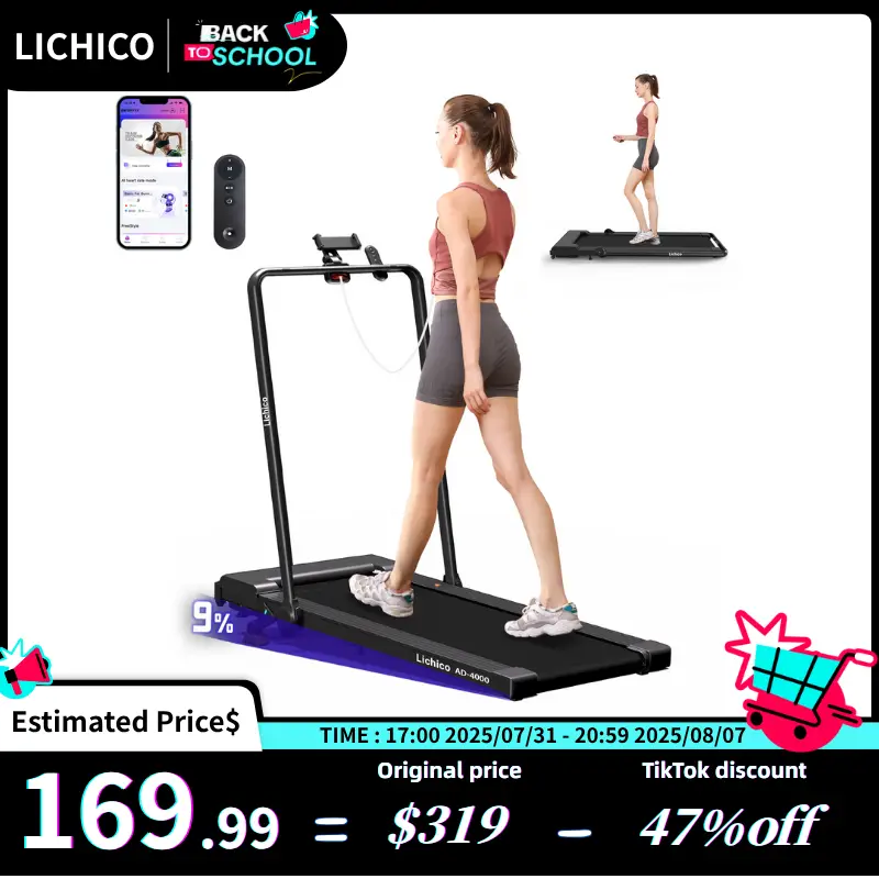 8.7MPH LICHICO Treadmill with 4-Level Incline, Flat/Incline Modes, Remote Control, Quiet Motor, Stable 2-in-1 Running Machine for Home & Office Fitnes