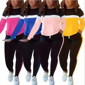 Plus Size Casual Outfits Set,Slim Matching Two-piece Set, Casual Long Sleeve Crew Neck Striped Color Block T-shirt & Solid Elastic Waist Pants Outfits, Women's Clothing Crewneck Womenswear