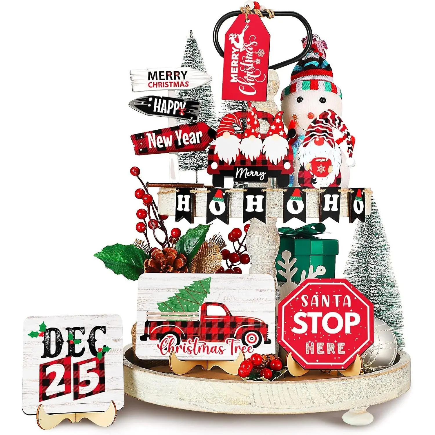 13-Piece Christmas Tiered Tray Decor Set, Smooth Red Black Plaid Gnome Truck Wooden Signs Farmhouse Snowman Decor for Home Kitchen Table, Shelf, Trees | Festive Winter Gift, Decoration, Wall Hanging
