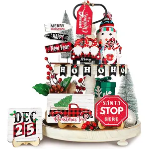 13 Pcs Christmas Tiered Tray Decor Winter Table Decorations Red Black Plaid Gnome Truck Wooden Signs Farmhouse Snowman Decor for Home Table Shelf
