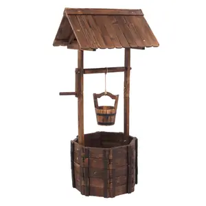 Rustic Wooden Wishing Well Planter, Reinforced Anticorrosive Fir Wood Flower Pot with Height Adjustable Hanging Bucket for Yard, Garden, Patio Decor, Carbonized Color