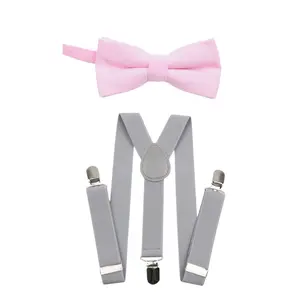 TIE MOOD Pink Cotton Pre-Tied Bow Tie & Silver Suspenders Set | Bow Tie & Suspender for Boys & Dad | Easter Outfit