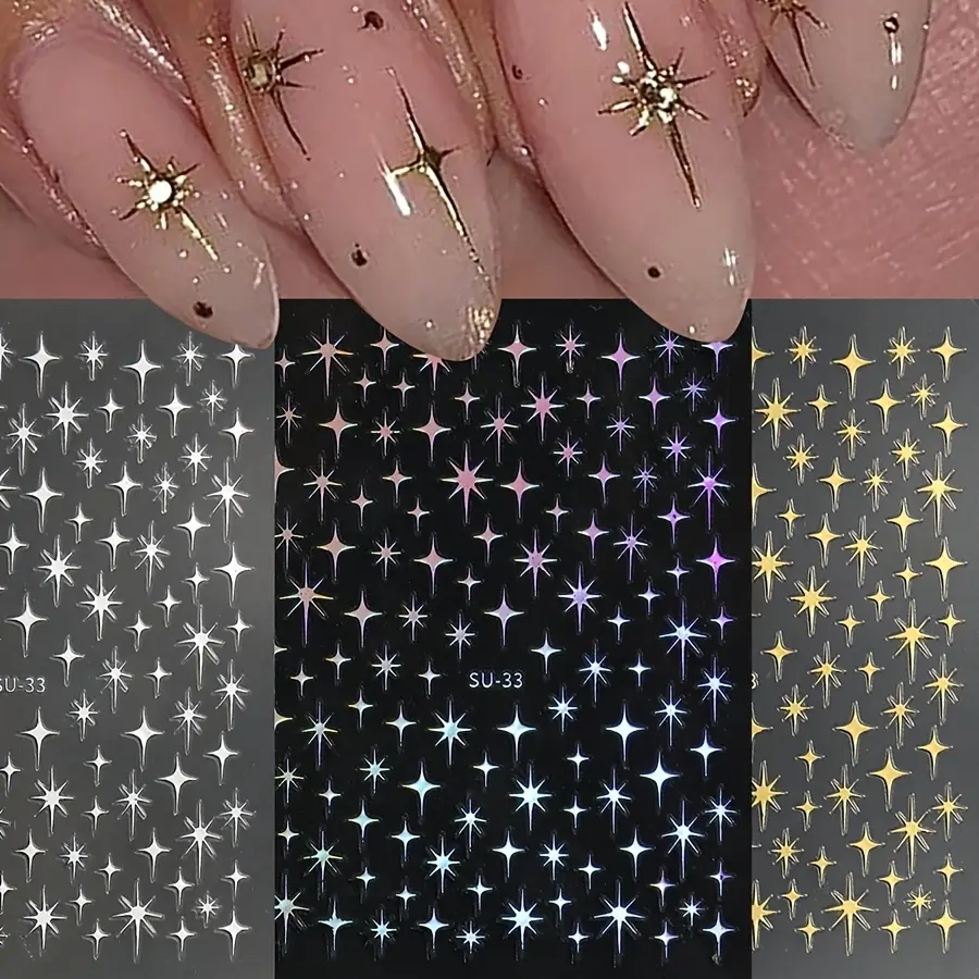 3 pcs 3D Metal Laser Star Nail Stickers, Y2K Style DIY Nails Art Decorations, Nail Art Supplies for French Manicure and Creative Nail Designs