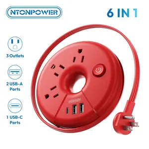 Travel Power Strip, NTONPOWER Desktop Charging Station with 3 Outlets 3 USB Short Wrapped Extension Cord 3ft for Travel, Cruise Ships, Office, Nightstand, Red
