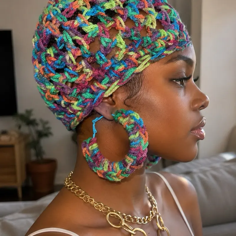 Handmade Crochet Beanie & Matching Earrings Set - Fabric Construction, Casual Stylish Fashion Accessory, No Restocks