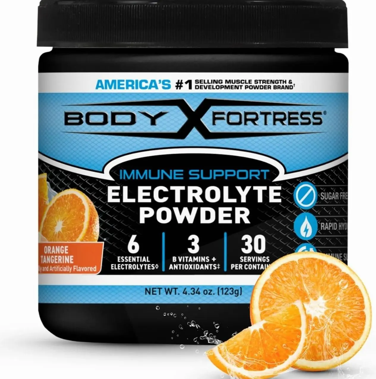 Body Fortress Electrolyte Powder Orange Tangerine - Rapid Hydration Drink Mix with 6 Essential Electrolytes & 3 B Vitamins - Sugar Free, Keto Friendly, No Color Added, Clear Hydration - 30 Servings