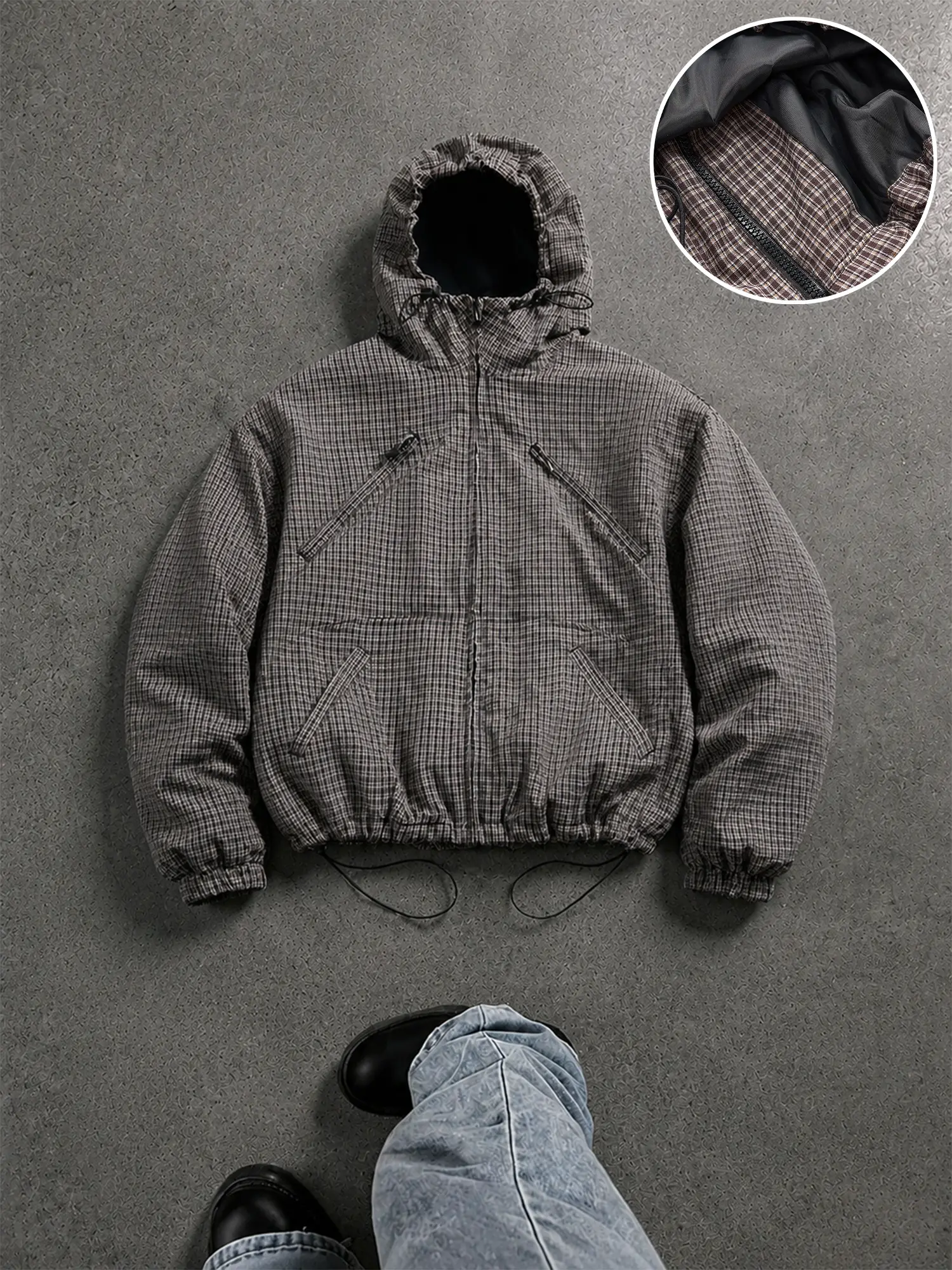 Men's Plaid Hooded Jacket Vintage Checkered Windbreaker Drawstring Hem Zip Pockets Loose Fit Lightweight Casual Streetwear Fall Outerwear