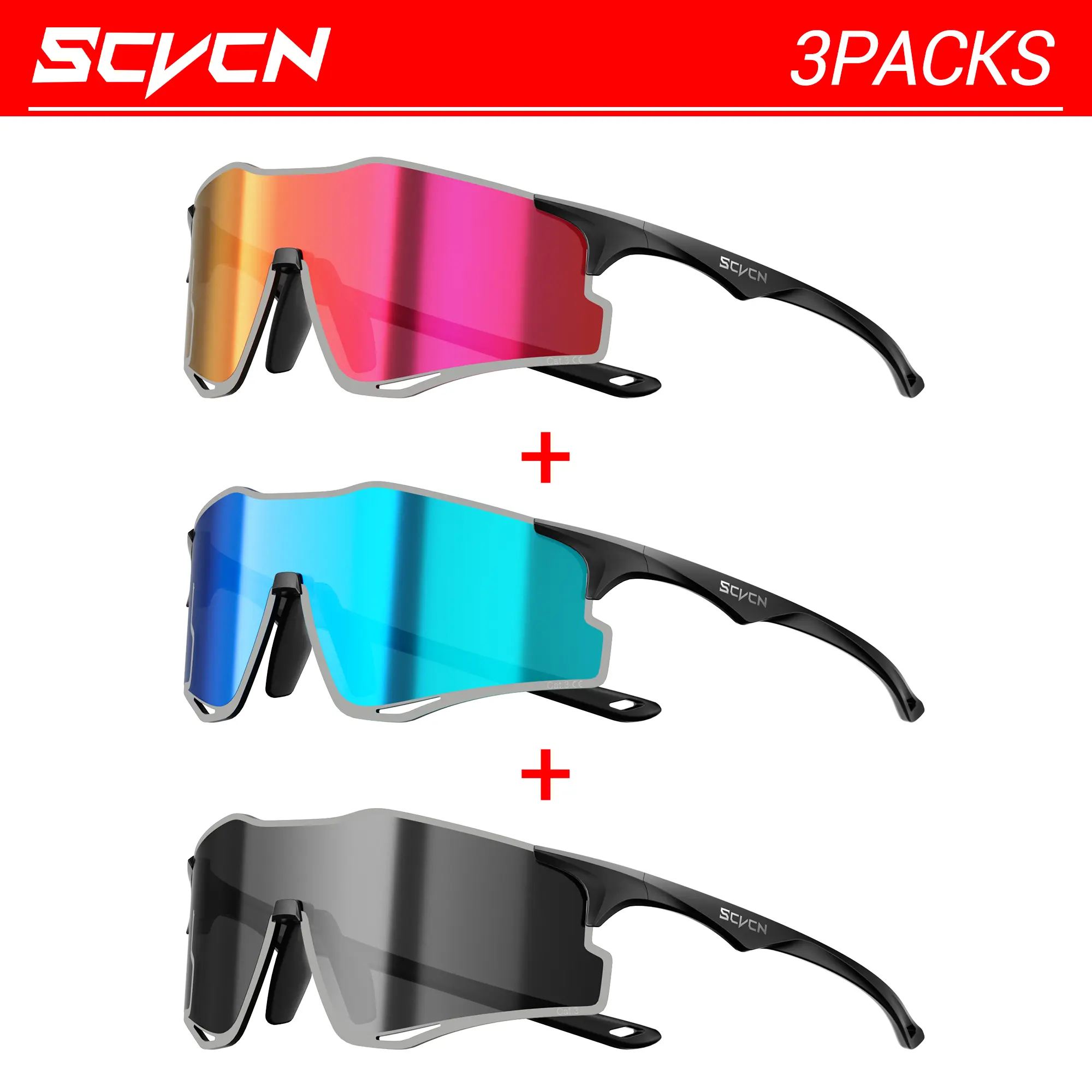 SCVCN 3-Pack Unisex Rimless Sports Eyeglasses - UV400 Protection, Lightweight PC Frame, Ventilated Photochromic or Mirrored Lenses, Lightweight/Outdoor Active/Reflective Sunglasses Sports Eyewear for Outdoor Use