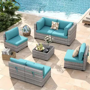 [2 packages delivery]7-Seat Modular Patio Furniture Set – Outdoor Wicker Sectional Sofa with Thick 4″ Cushions, Dual-Strand PE Rattan, Rust-Resistant 18 mm Steel Frame, Backyard Garden Deck Lounge, Patio Furniture Sets, Outdoor Furniture Set, Easy Assembl