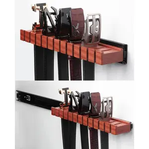Premium Walnut Wood Belt Organizer with Sliding System - 12-Belt Heavy-Duty Belt Holder, Wall-Mounted Belt Hanger for Closet, Space Saving Storage & Elegant Father’s Day Gift