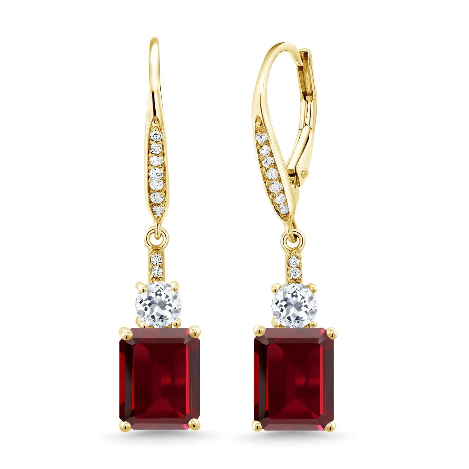 4-6 Cttw Dangle Earrings for Women | Gemstone Birthstone and White Topaz | 18K Yellow Gold Plated Silver | Emerald Cut 9X7MM | Elegant Drop Design | Gift for Her Wife Mom