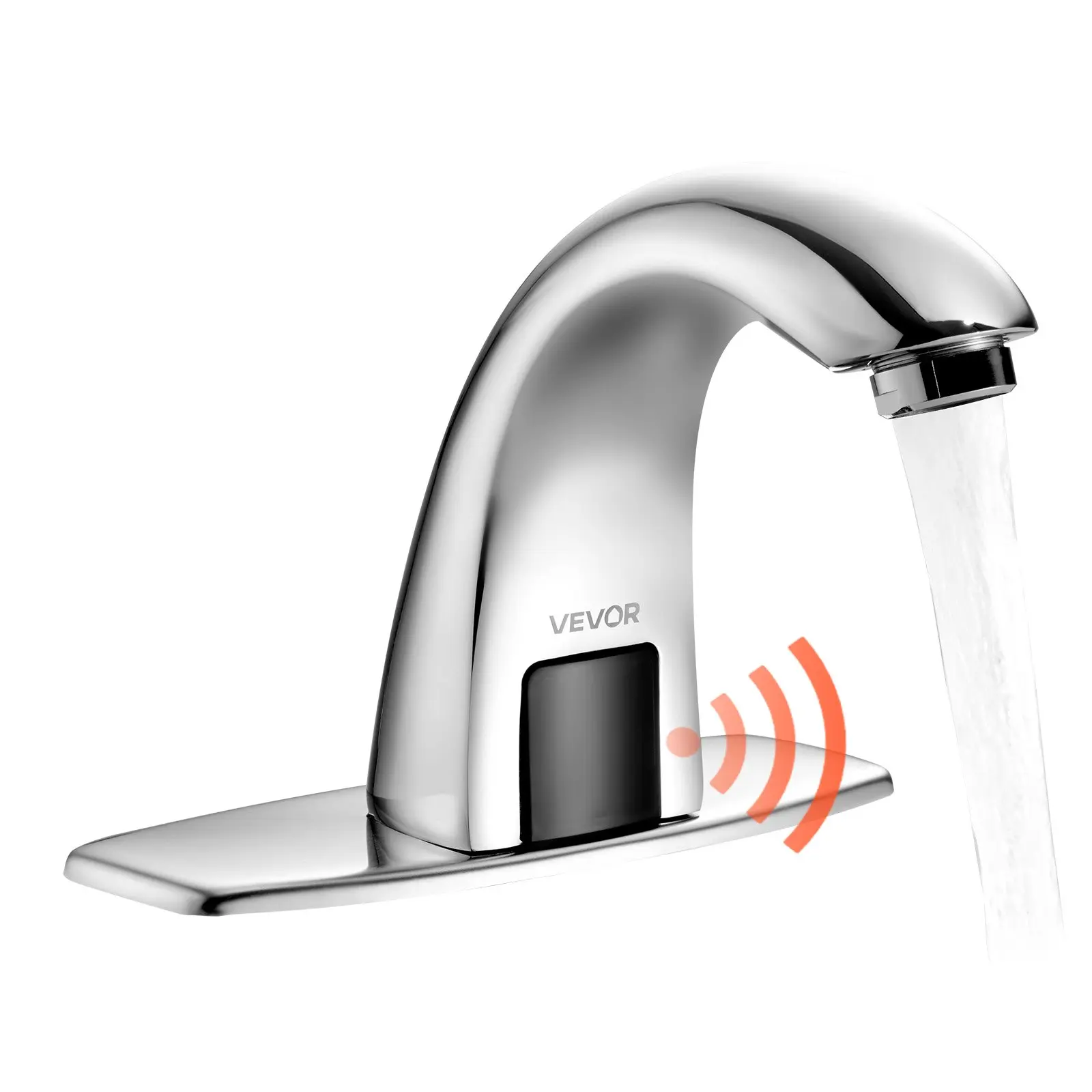 VEVOR Chrome-Plated Silver Touchless Sensor Bathroom Sink Faucet, Wall-Mounted Battery-Operated Automatic Model with Hole Cover Plate, Honeycomb Aerator, Adjustable Temp for 9/16 in Pipe, for Hotels, Medical Facilities, Offices