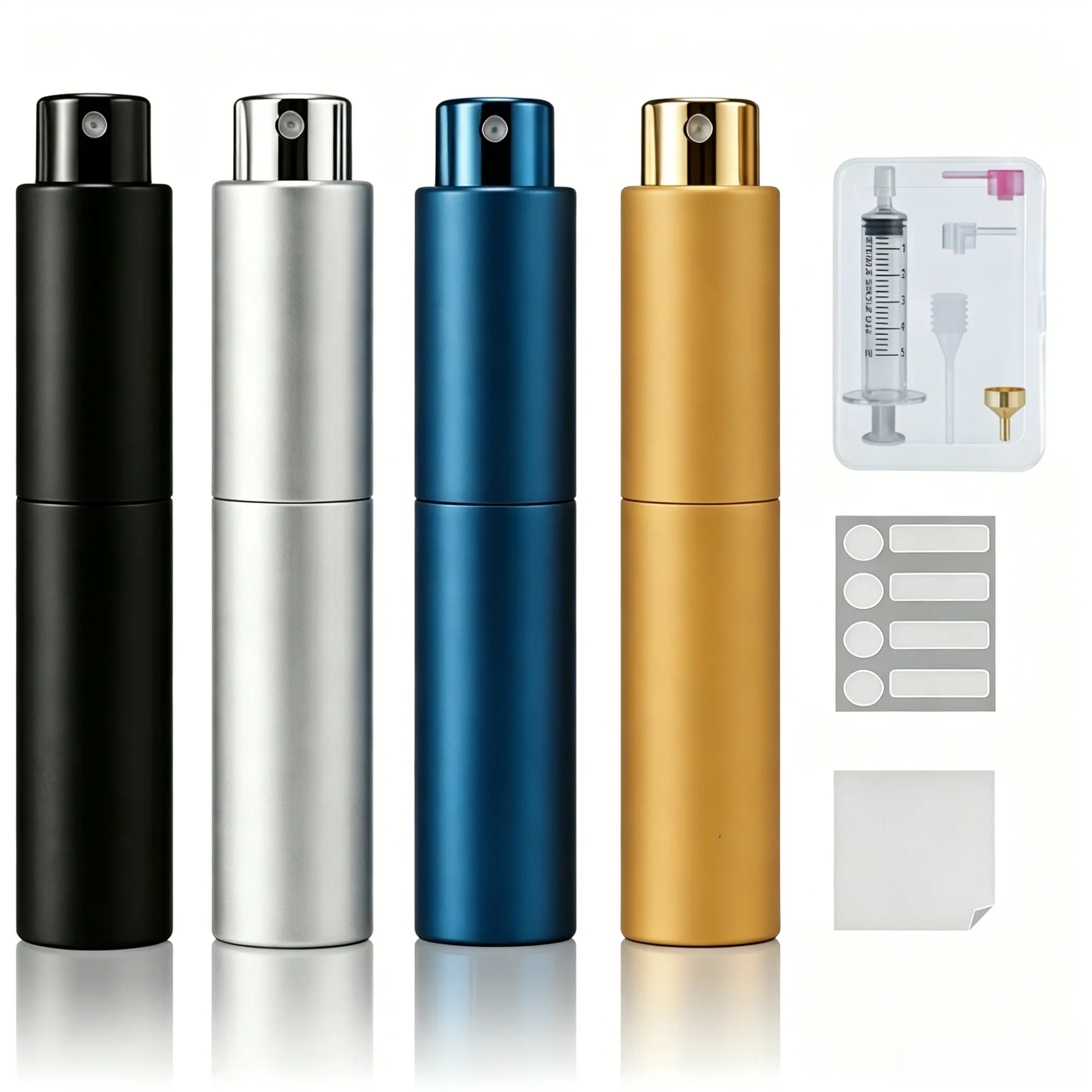 YELDFEERO 10ml Travel Perfume Bottle Refillable, Cologne Travel Bottle, Empty Atomizer Spray Dispenser, Portable Sprayer Travel Essentials for Men and Women (4PCS Black, Silver, Blue, Gold)