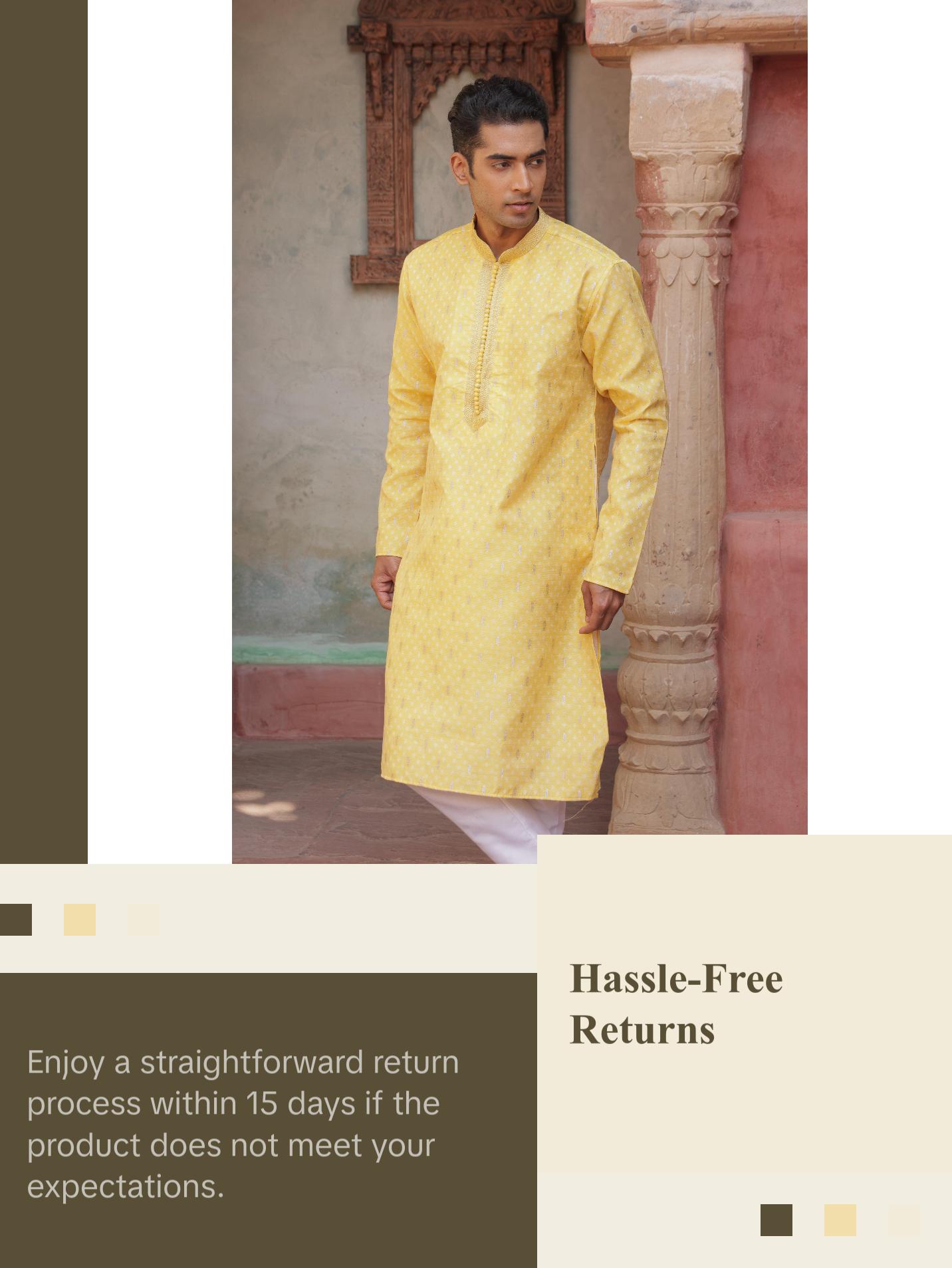 Men Elegant Yellow Kurta Set - Traditional Indian Wear - Festival and Wedding wear