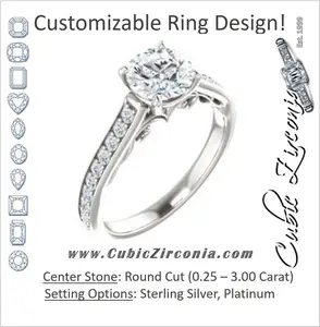 Cubic Zirconia Engagement Ring- The Jamiyah (Customizable Round Cut Design with Decorative Trellis Engraving and Pavé Band)