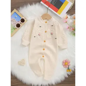 Baby romper with floral pattern, front-button knitted jumpsuit, soft cotton romper for newborns and infants, cute baby clothing, baby girl clothing