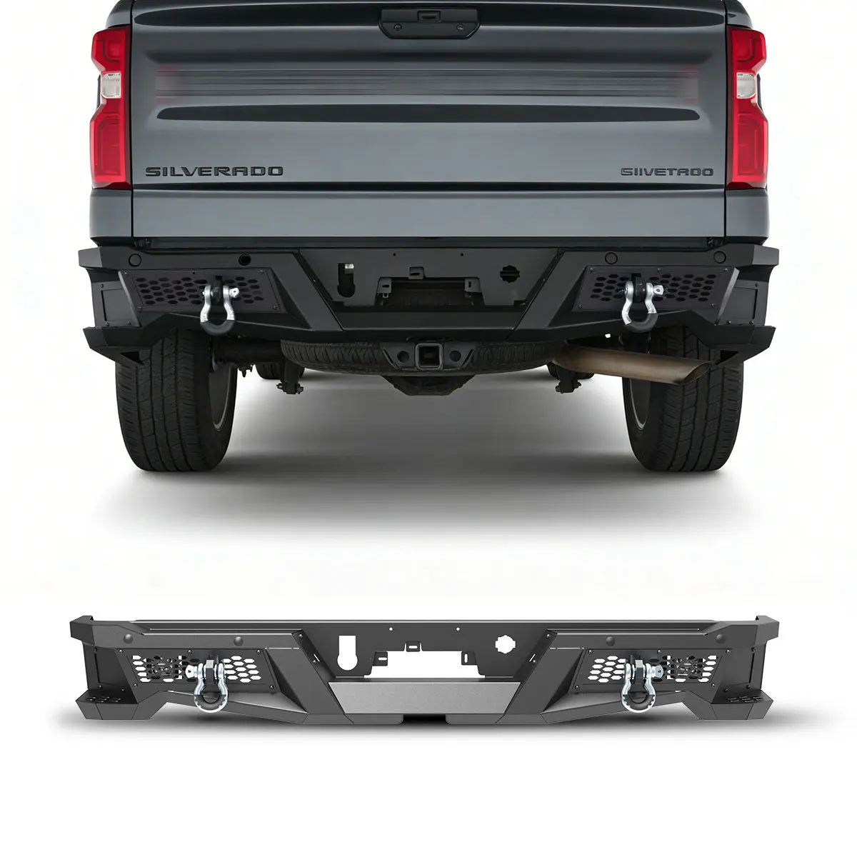 WOLFSTORM Steel Q235A Modified Rear Bumper with Rear Protection, Impact Guard, Side Steps, Parking Sensors, 2x D-Rings, BSM for 2019-2026 Chevrolet Silverado 1500, GMC Sierra 1500 Pickup Trucks - Accepts 3" or 4" Pod Lights, Enhances Off-Road Performance,
