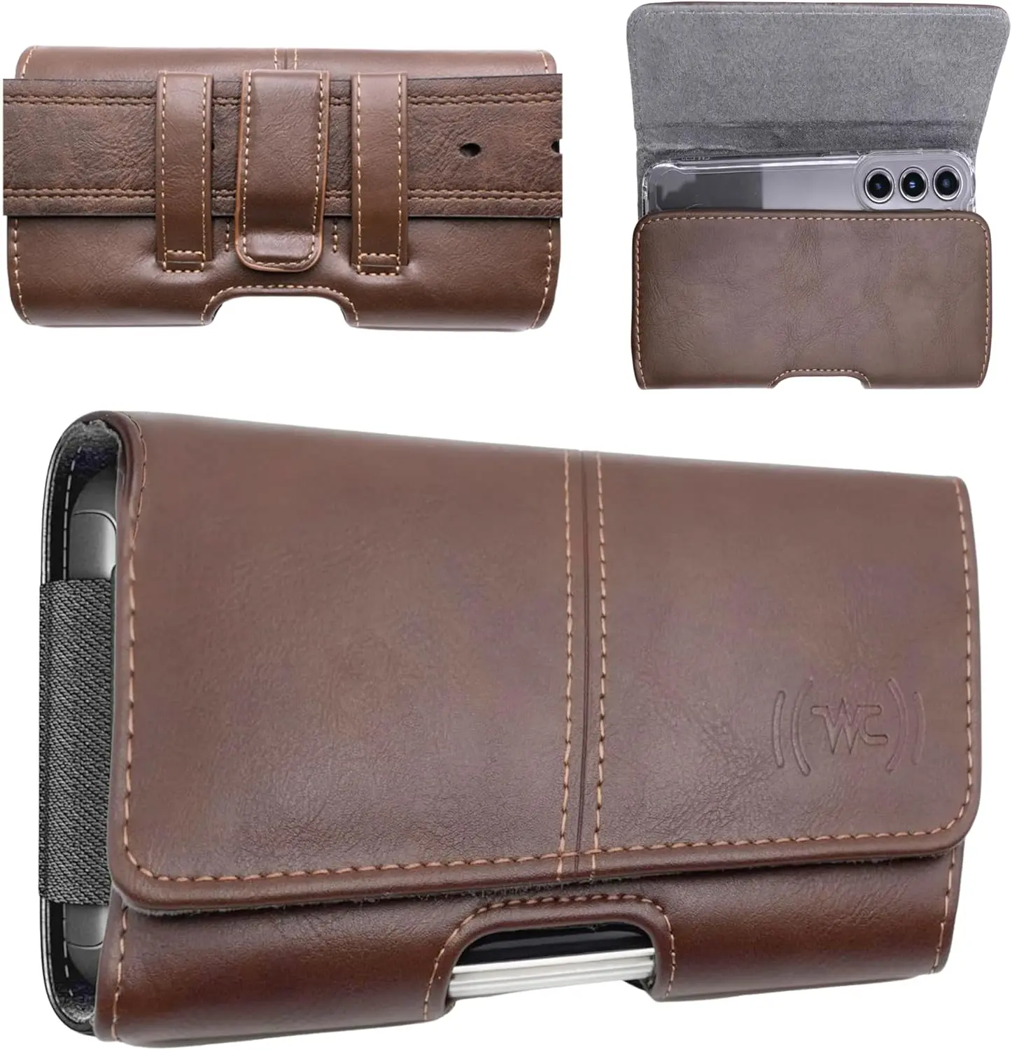 Leather Phone Holster for Men & Women, Horizontal Cell Phone Case -Fits  Air 2025, 16/15/14 Plus/11 Pro Max, XS Max, Belt Clip/Loop Carrying Phone Pouch Holder, Brown Large.