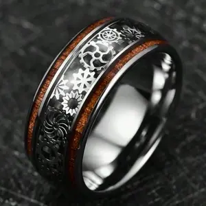 1pc 10mm Fashion Stainless Steel Koa Wood Inlay Ring for Men Hiphop Punk Rock Style Party Jewelry, Gift for Him