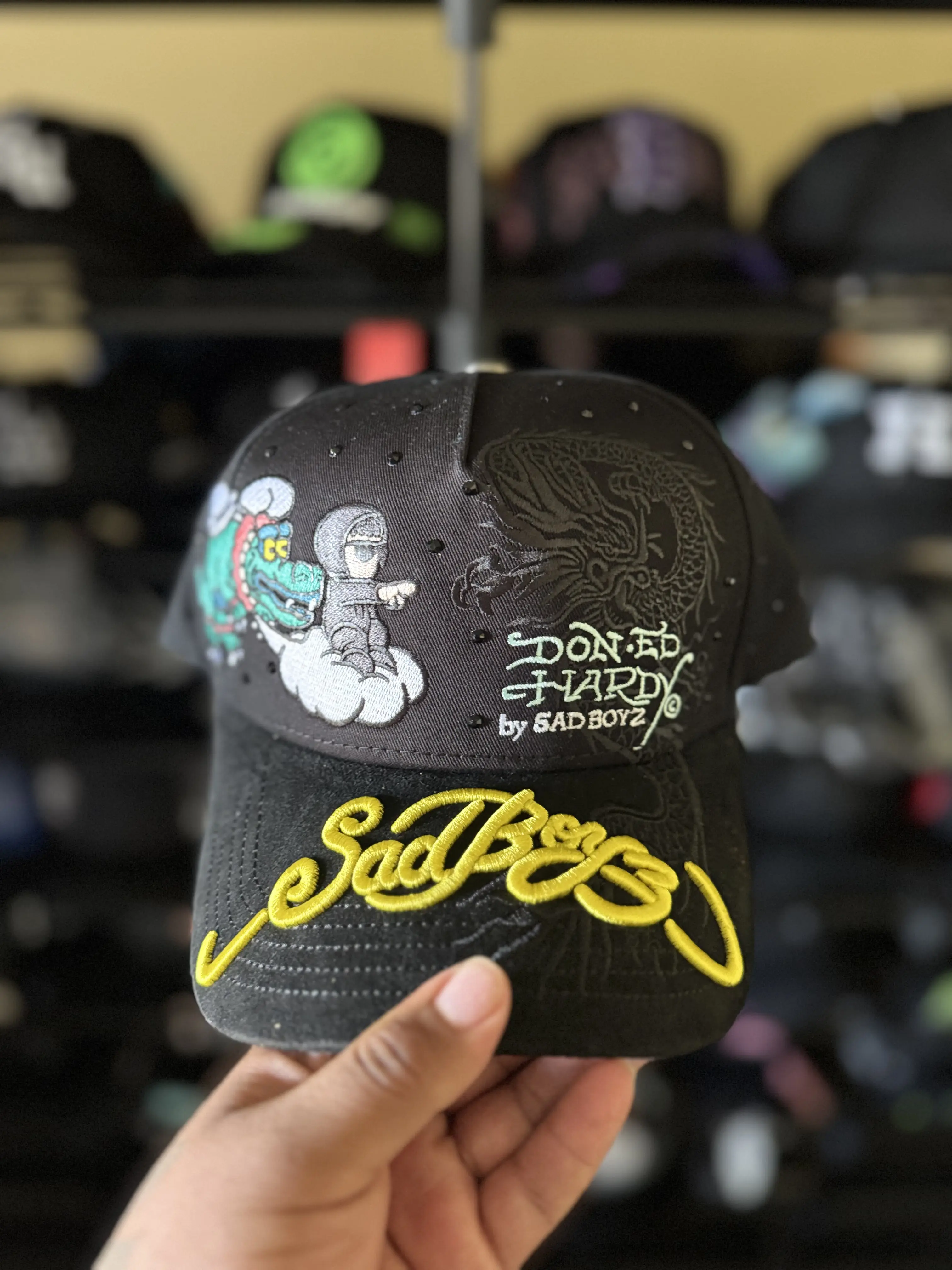 Black Cotton Baseball Cap featuring Junior H Sad Boyz Graphic with Embroidered Artwork, Unisex Adjustable Fit for Everyday Wear
