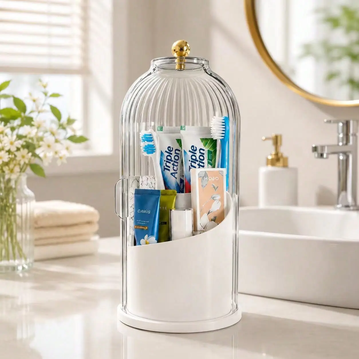 Dustproof Rotating Electric Toothbrush Holder with Cover, Multifunctional Toothpaste and Toothbrush Organizer for Bathroom Counter, Compact Hygiene Storage Rack for Manual and Electric Toothbrushes, Clear Protective Case for Kids and Adults