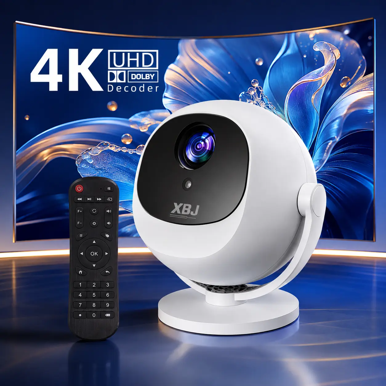 XBJ 4K UHD Dolby Decoder Smart Projector,Android 11,300ANSI 360°Rotatable Auto Keystone Correction WiFi6 Bluetooth6.0 Home Ceiling Projector with Remote Control