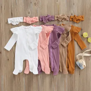 Newborn Baby Girl Footies Romper Onesie Zipper Ruffle Rib Footed Coming Home Outfit Jumpsuit Bodysuit and Headband