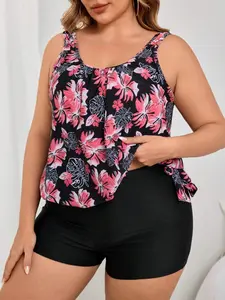 【Plus Size】 Two-Piece Set Tankini Set, Floral Tankini Set, Casual Sleeveless Plants Print Swim Top & Swim Shorts, Women's Two-piece Swimsuit for All Seasons