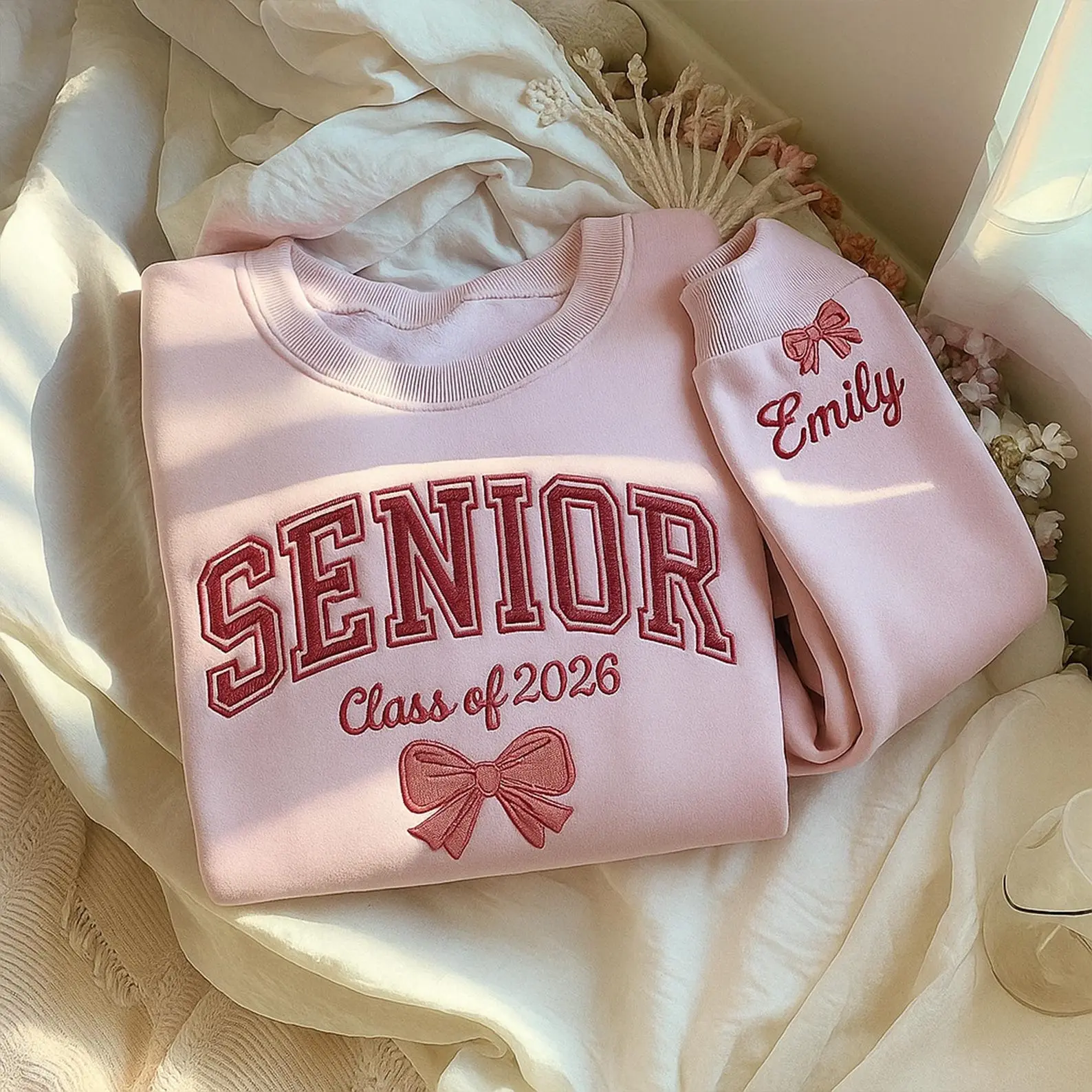 Senior Embroidered Sweatshirt Class of 2026 with Name, Custom Graduation Gift for Her, Personalized Bow Crewneck, Senior Girl Shirt, Senior