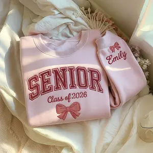 Senior Embroidered Sweatshirt Class of 2026 with Name, Custom Graduation Gift for Her, Personalized Bow Crewneck, Senior Girl Shirt, Senior