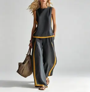 MG1 latest summer boho fashion women’s two-piece set: comfortable sleeveless casual top and relaxed-fit wide-leg pants. Lightweight, breathable loungewear outfit for daily wear, travel, office, street, and party.