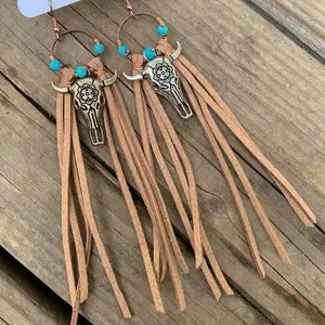 Fierce Fringe Couture Hypoallergenic Fringe Bullhead Earrings with Turquoise Beads and Leather Tassels