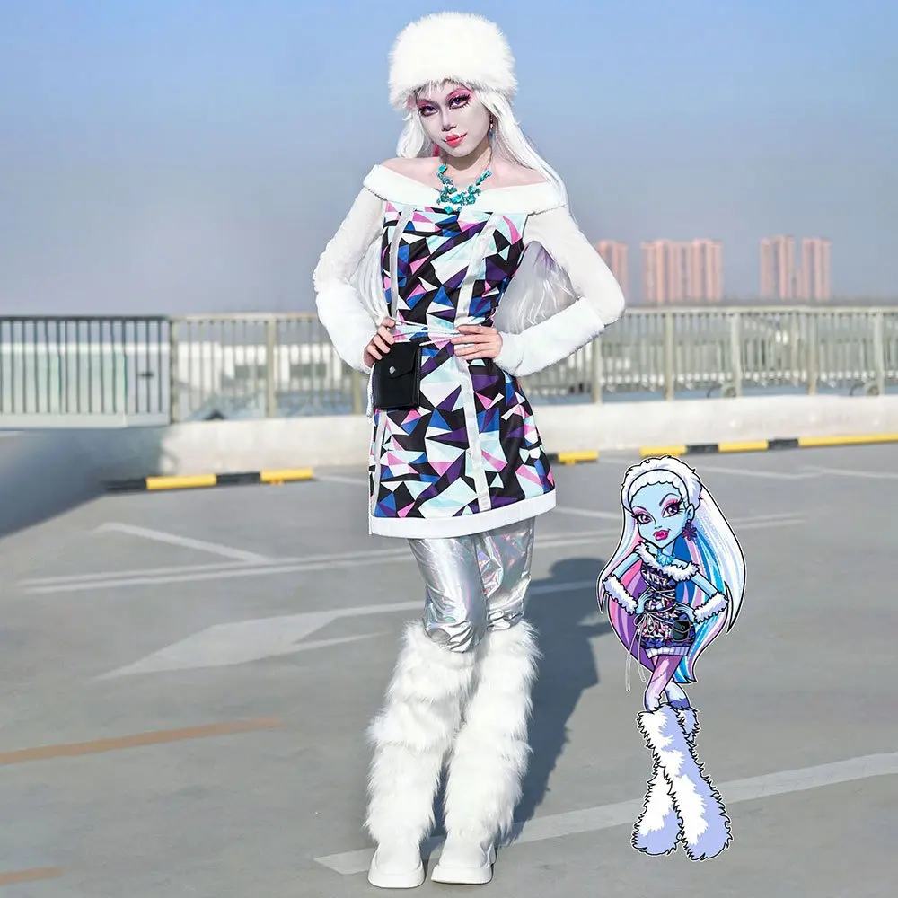Women's Monster High Abby Snow Queen Gothic Cosplay Complete Set - Clothes, Fur Leg Accessories for Christmas "Bloody Girl" Themed Events