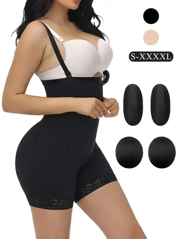 Women's Lace Zipper Shapewear Shorts with Four Pads, Adjustable Strap Waist Trainer Shapewear Bottoms, High Stretch Tummy Control Butt Lifter, Ladies Shapewear for All Seasons, Hip Padding