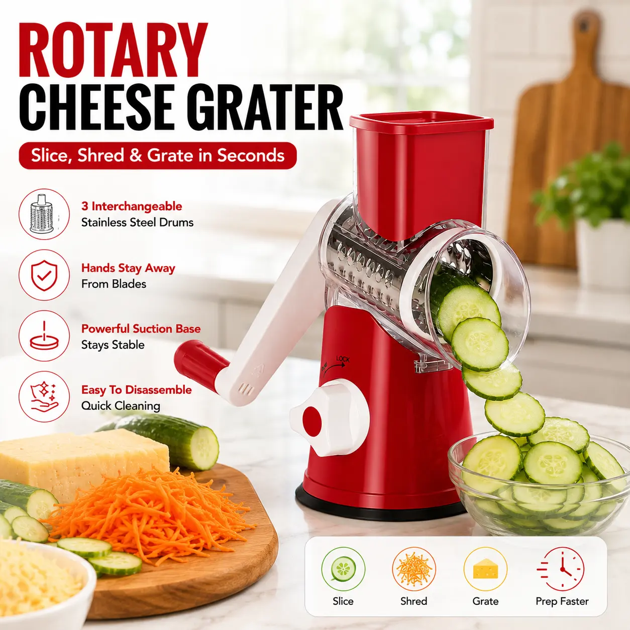 ONESHOW Rotary Cheese Grater with 3 Stainless Steel Drums, Hand Crank Vegetable Shredder with Suction Base for Meal Prep, Mid-Year Sale