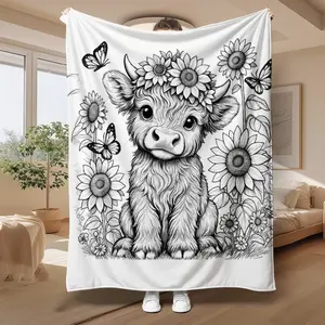 Colorable highland cow fleece blanket - Soft and warm. A gift blanket for family and friends, a small nap blanket, a sofa blanket, a multi-functional blanket for camping and traveling, a veteran's blanket, a retro hand-painted fashionable blanket.
