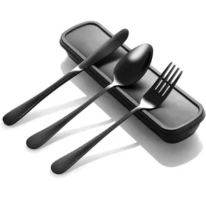 Portable Utensils Set with Case, 4pcs Stainless Steel Reusable Silverware for Lunch Camping School Picnic Workplace Travel, Lunch Box Includ Fork Spoon Knife,Easy to clean,Dishwasher Safe(Black)