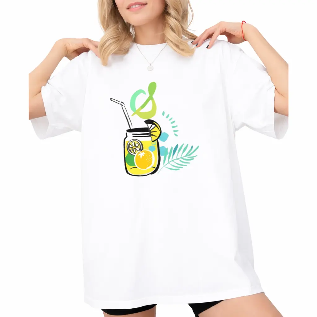 Lemon Fruit Drink Summer Fresh Hand-Painted Pattern Spring/Summer Casual Swear Women's T-Shirt, Breathable and Comfortable Round Neck Short Sleeve Top