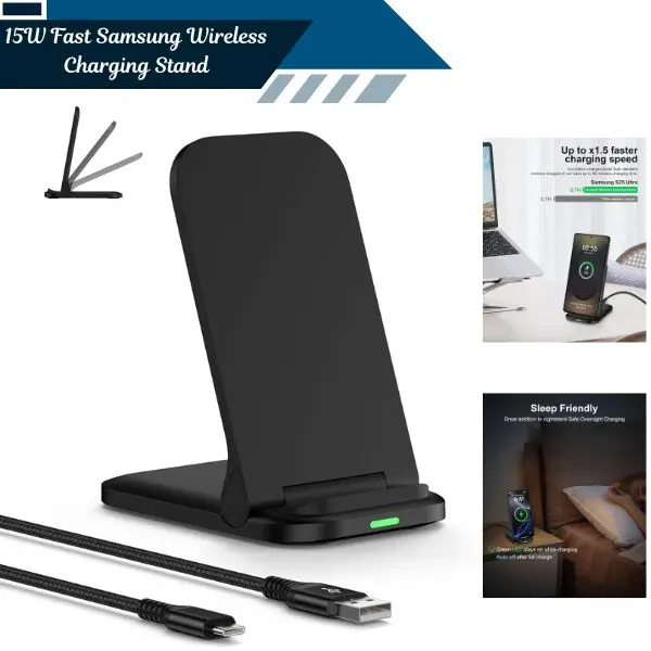 15W Fast Wireless Charging Stand for Samsung – Sleek Cordless Charger Dock for Galaxy S25 Edge, S24 Ultra, S23 FE, S22, S21, Z Fold7, Flip7, Note 20, S9 & S8