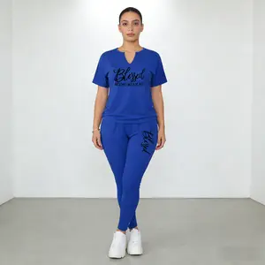 Plus Size Women's Blessed Beyond Measure Set - Oversized Letter Print V-Neck Top & Straight-Leg Pants Medium Stretch Machine Washable