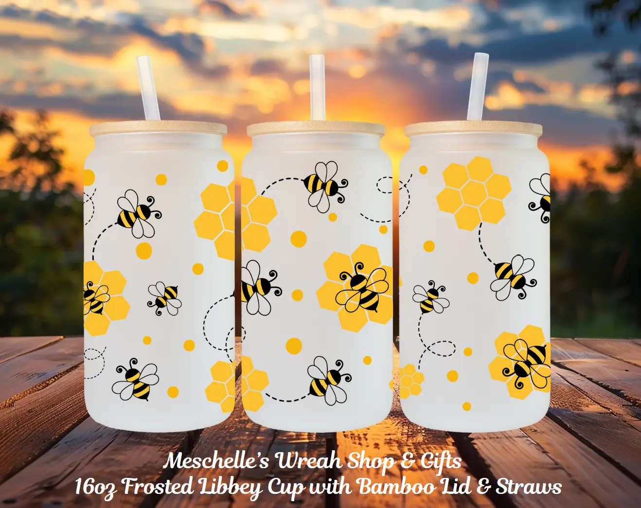 Frosted Bumble Bee-Shaped 16oz Reusable Drink Glass Cup, Washable Drinkware with Bamboo Lid and Straw - For Beer, Iced Coffee