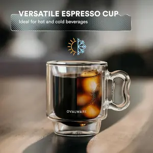 OVALWARE Espresso Coffee Cups Double-Walled Cup w/Solid Butterfly Handle - Elegant Borosilicate Espresso Shot Mug - Stackable Insulated Transparent Demitasse Drinkware Tumblers