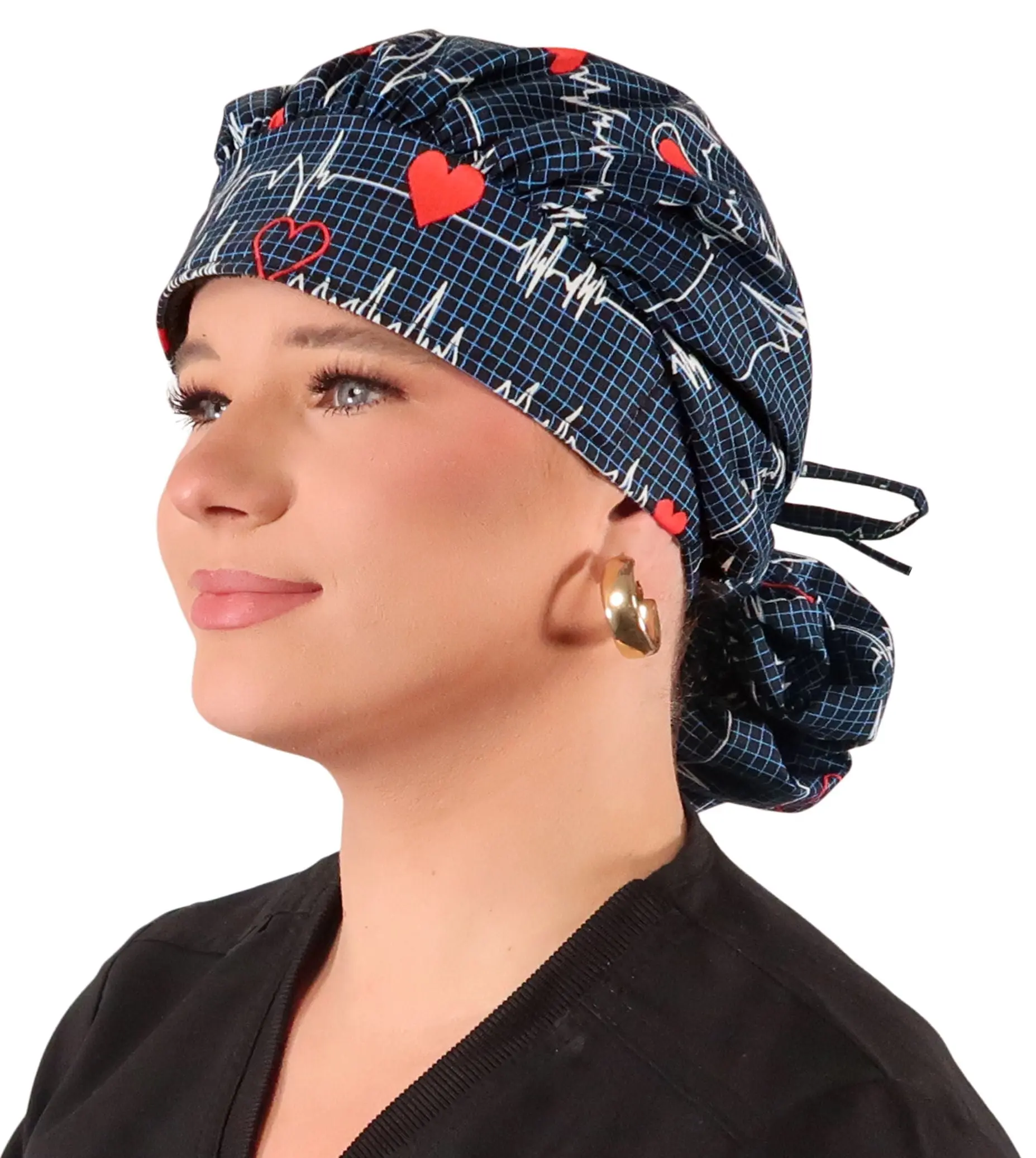 Banded Bouffant Ponytail Scrub Cap - Heartbeats on Navy